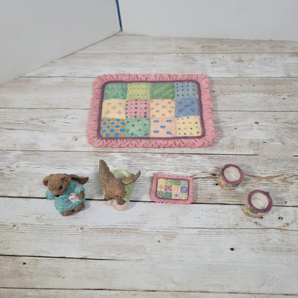 1996 Youngins Teddy Bear Picnic Miniatures Set 6pc Ceramic Ceramic Pastel Colors